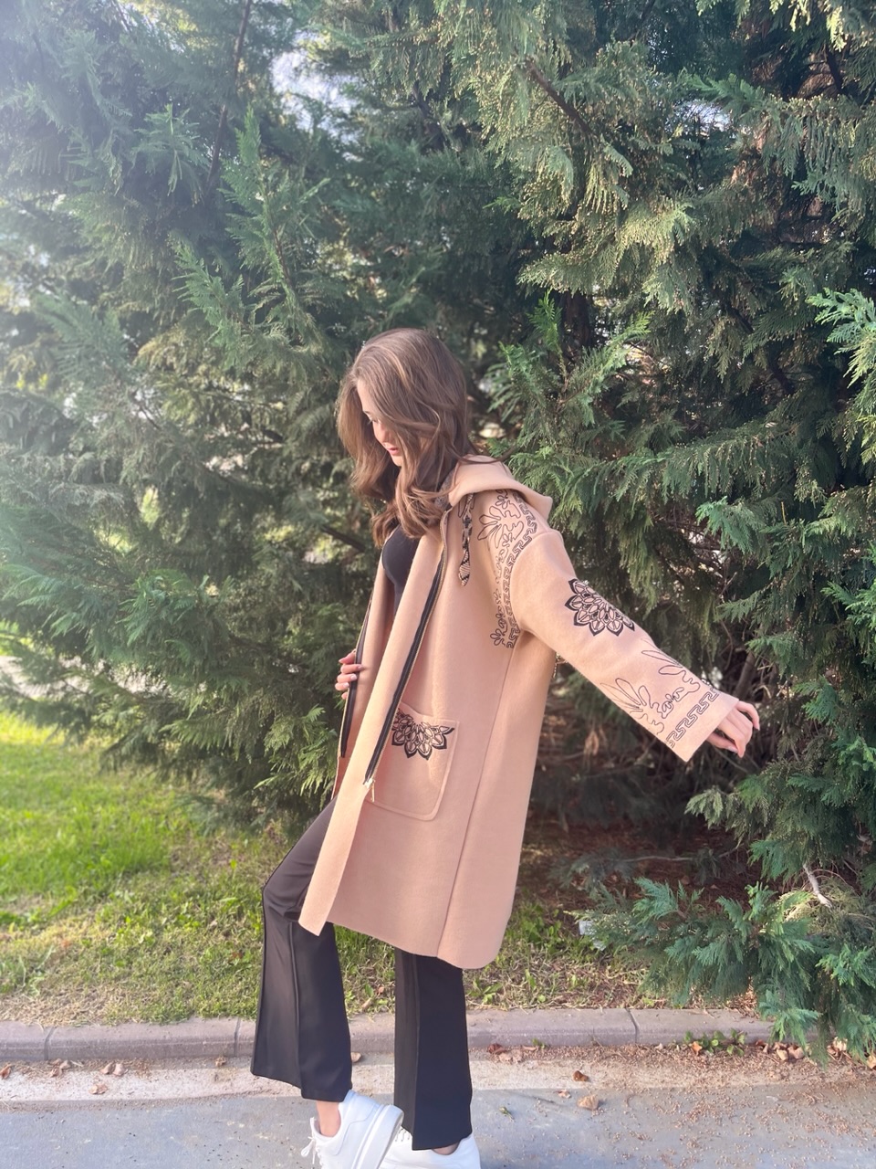 Camel Kapüşonlu Etnik Desen Kaşe