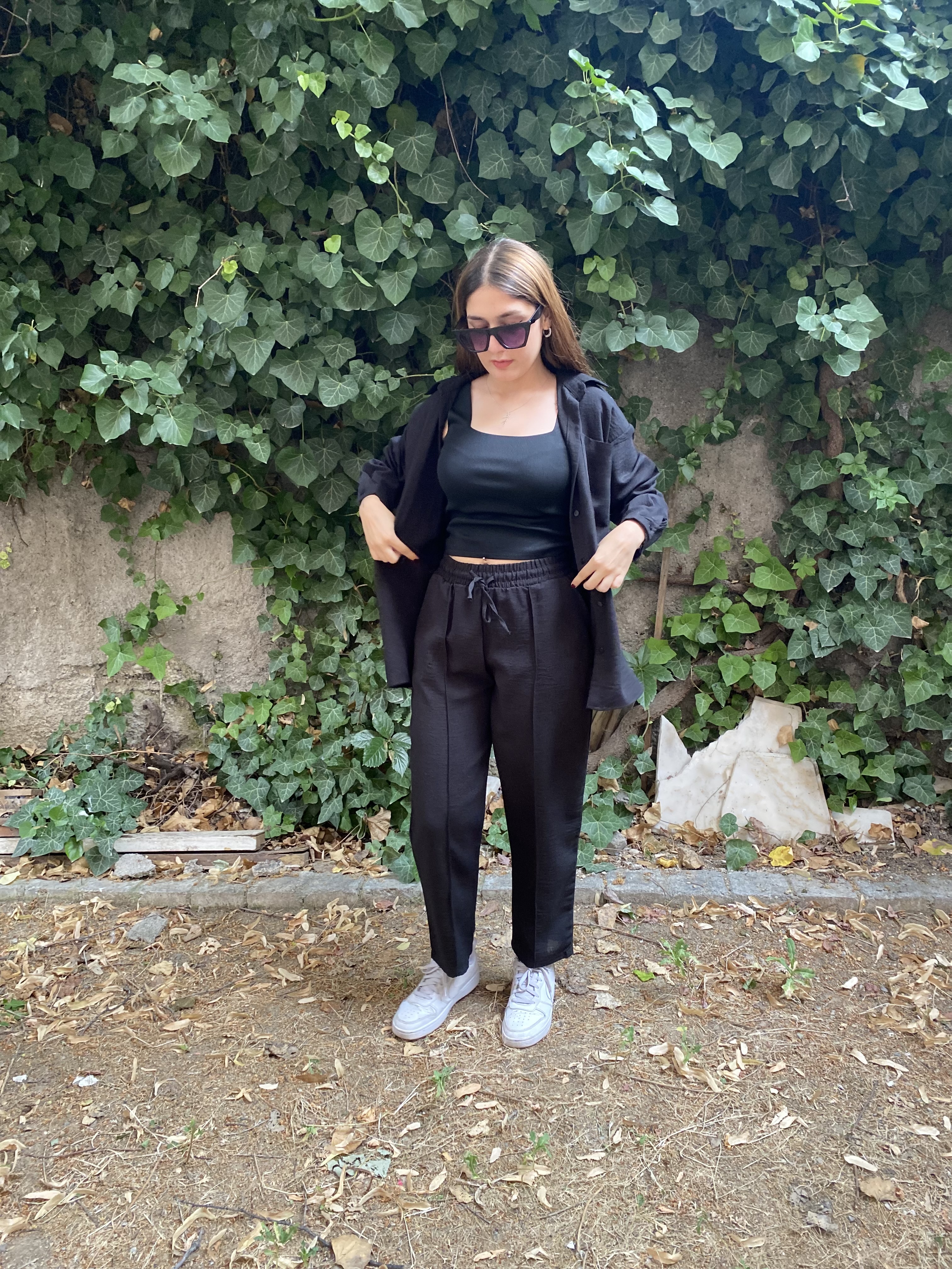 Oversize Gömlek Beli Lastikli Keten Pantolon Takım