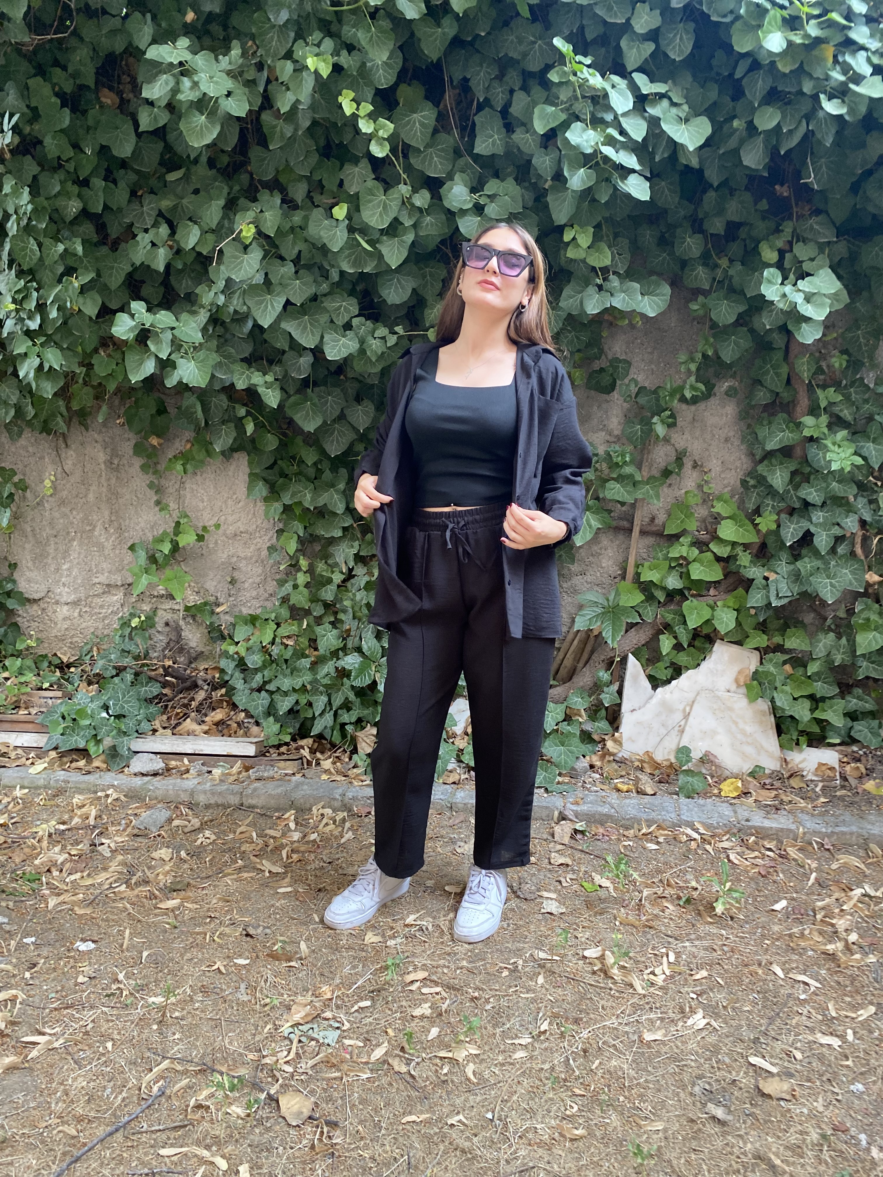 Oversize Gömlek Beli Lastikli Keten Pantolon Takım