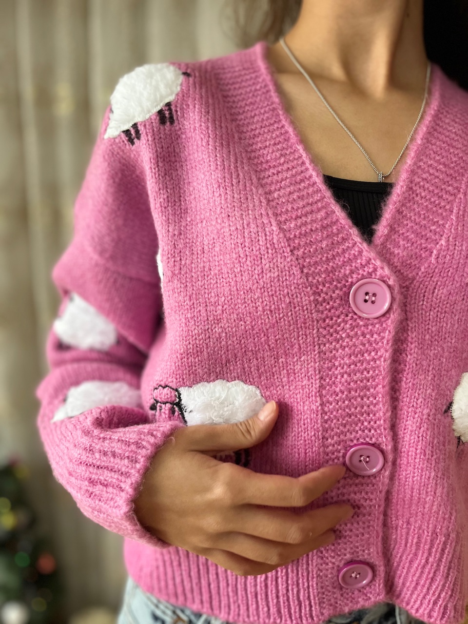 Kuzu Baskılı Pembe Hırka