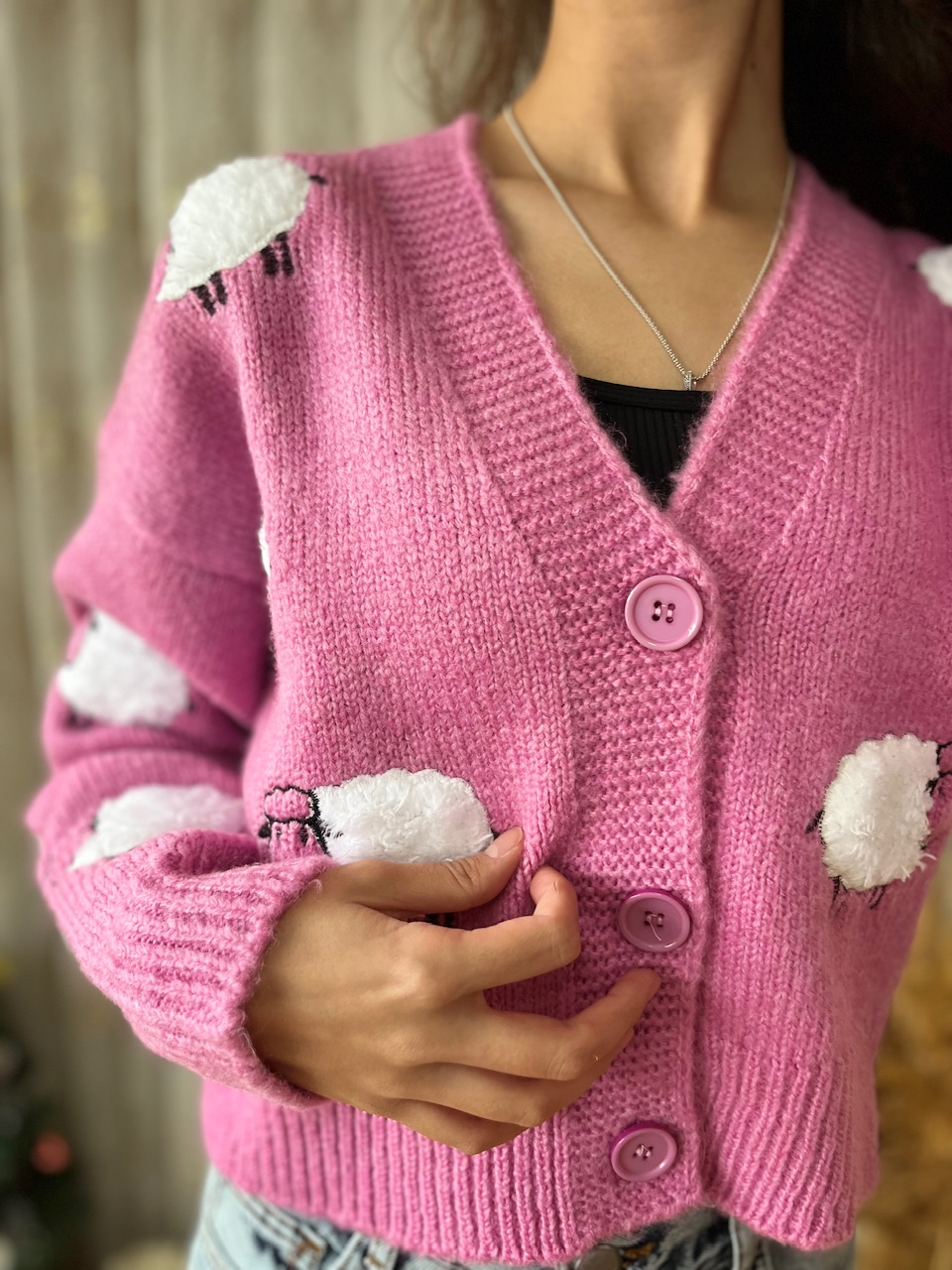 Kuzu Baskılı Pembe Hırka