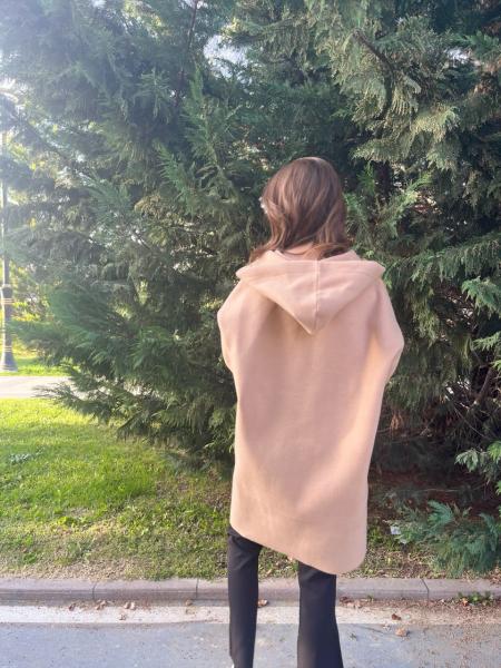 Camel Kapüşonlu Etnik Desen Kaşe