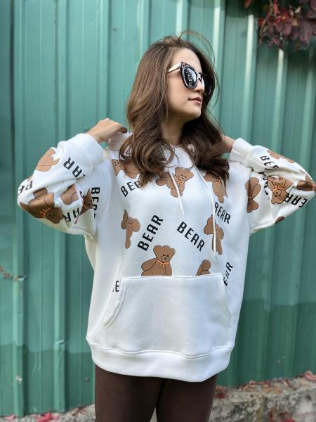 Ayıcık Baskılı Kapüşonlu Sweatshirt